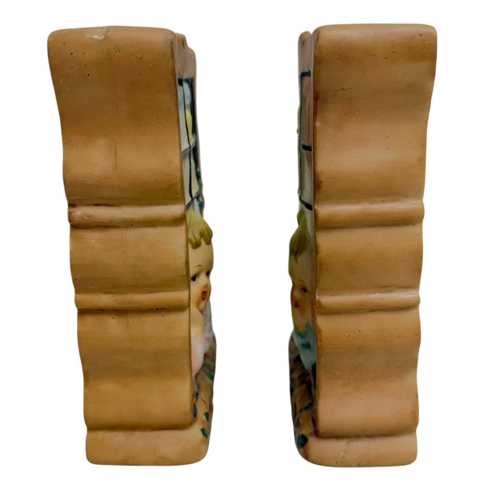 Vintage Matching Pair Wall Pockets Little Boy & Girl in Windows‎ Daydreaming MCM